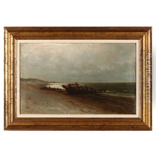 Shoreline With Beached Hull Oil Painting - Elbridge Wesley Webber