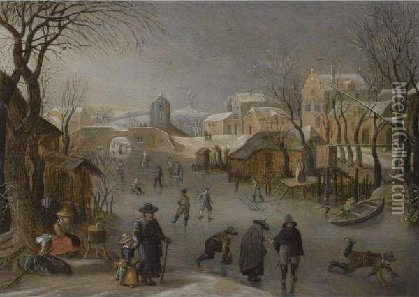 A Winter Landscape With Skaters On A Frozen Canal Oil Painting - Sebastien Vrancx