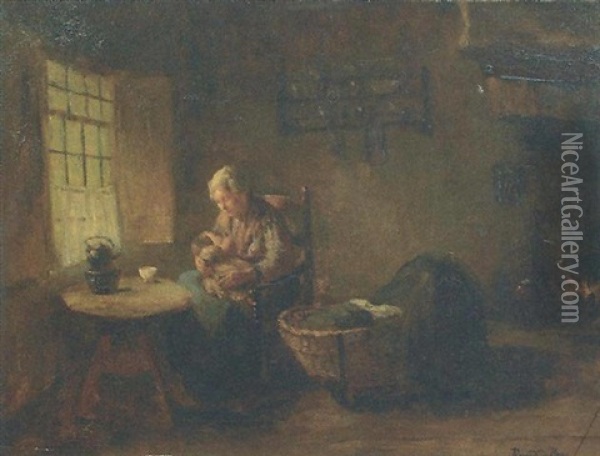 Mother Feeding A Baby In Cottage Interior Oil Painting - Bernard de Hoog