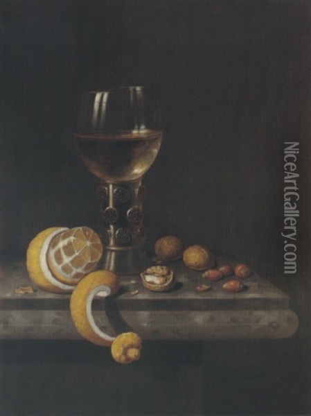 A Still Life Of A Roemer, Peeled Lemon, Walnuts And Hazelnuts Upon A Stone Ledge Oil Painting - Edward Collier