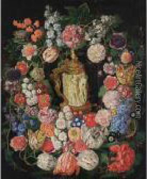 A Flower Garland With Tulips, 
Poppy Anemones, Hyacinths, Auricula, Carnations, Corn Flowers And Black 
Berries Surrounding A German Silver-gilt And Ivory Tankard Oil Painting - Pieter Snyers