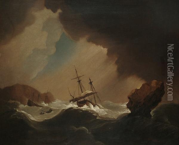 A Shipwreck And A Rowing Boat In A Squall Off A Rocky Coastline Oil Painting - Adrian Van De Velde