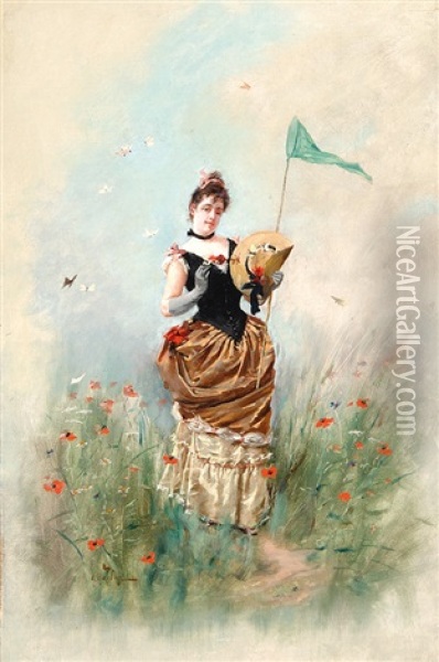 Catching Butterflies Oil Painting - Eugene Grivaz