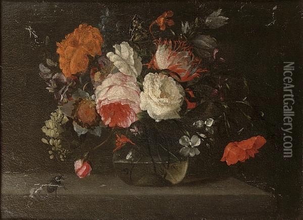 A Rose, A Poppy, Delphiniums And
 Other Flowers In A Glass Vase On A Stone Ledge With A Butterfly And A 
Beetle Oil Painting - Jacob van Walscapelle