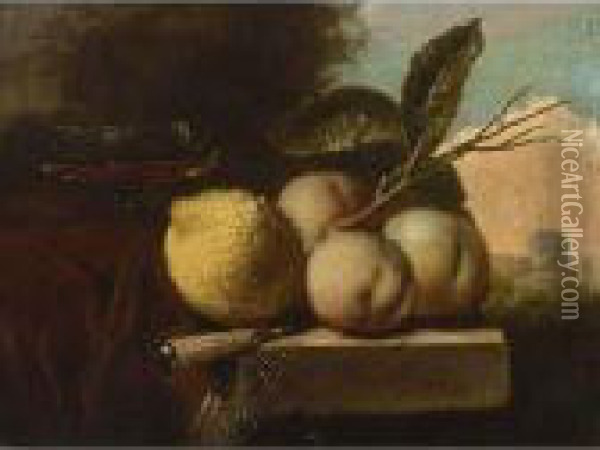 A Still Life Of A Lemon, 
Peaches, A Venetian Glass And A Knife, All On A Stone Ledge Draped With A
 Red Cloth, In A Landscape Oil Painting - Juriaen van Streeck
