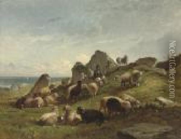 Shepherds Grazing Their Flock Oil Painting - Felix Saturnin Brissot de Warville