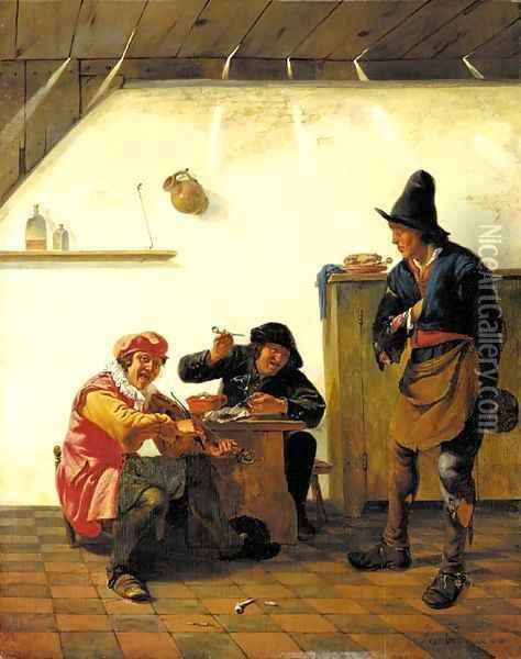 Peasants smoking and making music in an inn Oil Painting - Johannes Natus
