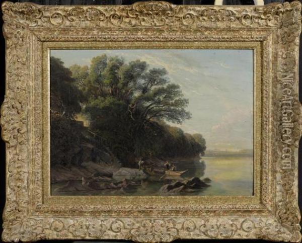 Landscape With Fishermen On The Lake Oil Painting - Lemaitre Nathanael