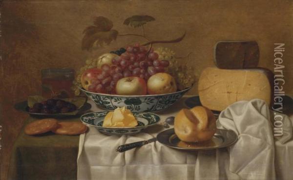 Pommes, Raisins, Mures, Fromages, Beurre Et Pain Dans Des Plats Oil Painting - Floris Gerritsz. van Schooten