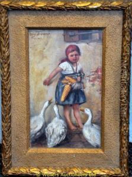 Portrait Of An Unhappy Girl Carrying Sweetcorn Being Surround By Geese Oil Painting - Fauy Trumer