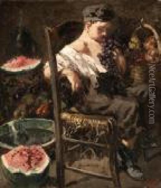 A Young Boy Eating Grapes Oil Painting - Vincenzo Irolli