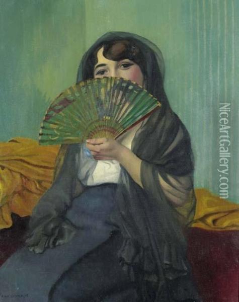 Femme A L'eventail. 1912. Oil Painting - Felix Edouard Vallotton
