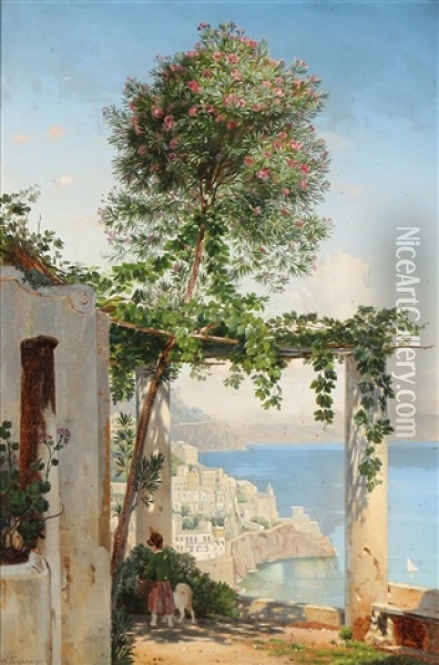 View From A Loggia On The Amalfi Coast Oil Painting - Niels Fristrupp