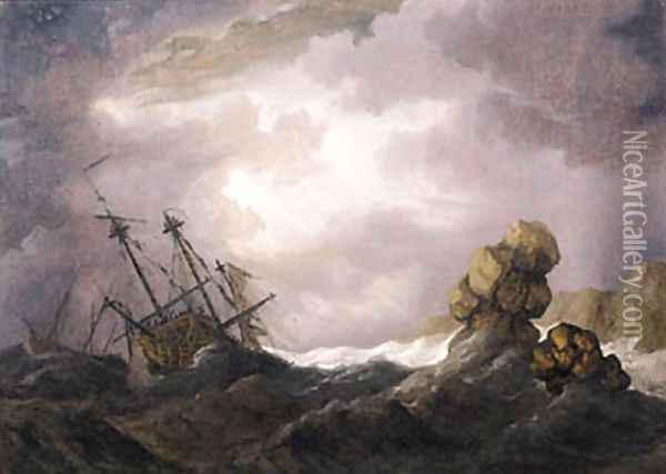 An English threemaster foundering in a gale off a rocky coast Oil Painting - Willem van de Velde the Younger