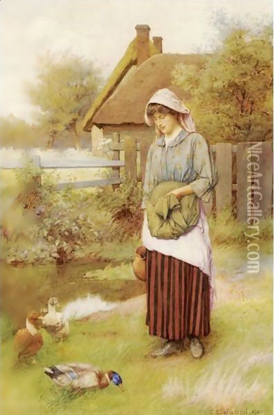 Feeding The Ducks Oil Painting - Charles Edward Wilson
