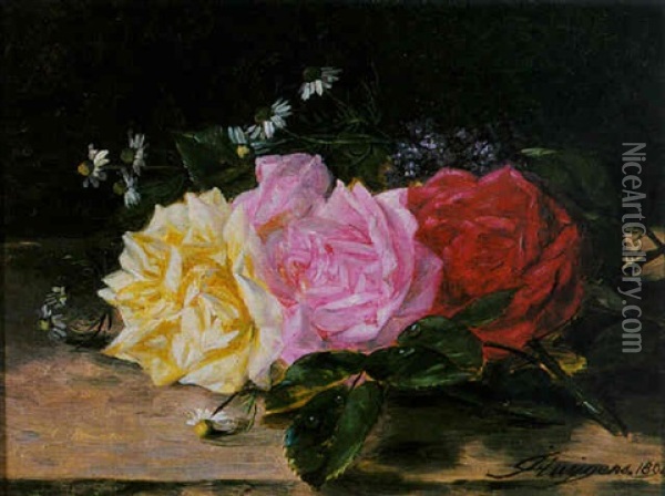 Three Roses Oil Painting - Francois Joseph Huygens