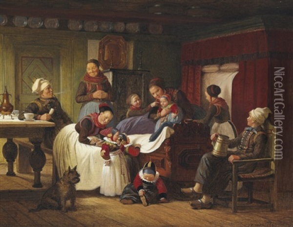 Young Cousins Visiting The Newborn Oil Painting - Johann Julius Exner