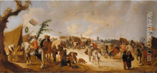 An Army Encampment Before A Church Oil Painting - Antonie Palamedesz