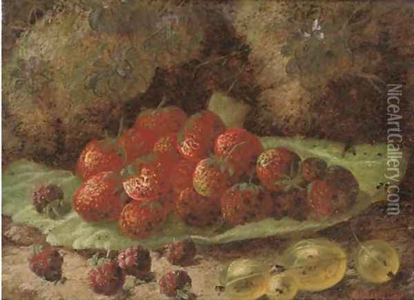 Strawberries, raspberries and gooseberries on a mossy bank Oil Painting - Oliver Clare