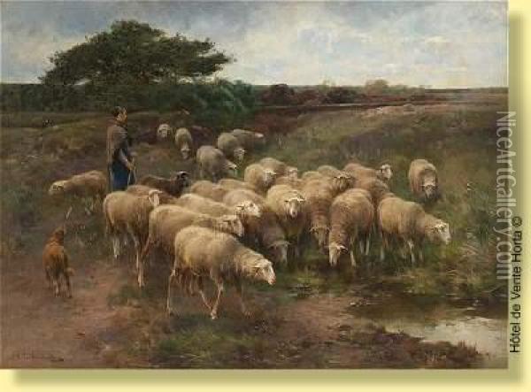 Bergere Et Son Troupeau De Moutons Oil Painting - Cornelis van Leemputten