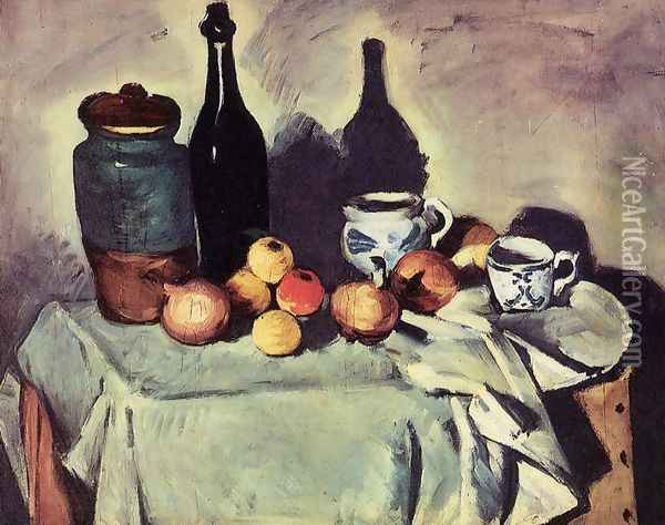 Still Life Post Bottle Cup And Fruit Oil Painting - Paul Cezanne