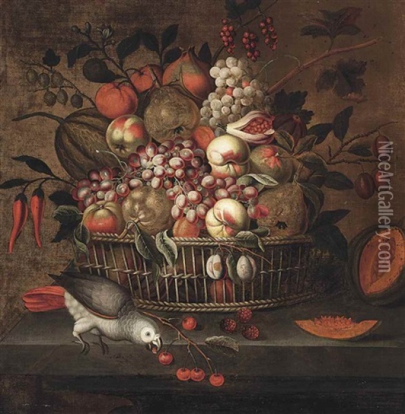 Grapes, Peaches, Pears, Gooseberries, Plums And Other Fruits In A Basket With An Open Melon And A Parrot On A Stone Ledge Oil Painting - Tobias Stranovius