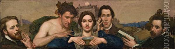 Self Portrait With Ambrose Patterson, Amy Lambert, And Hugh Ramsay Oil Painting - George Lambert