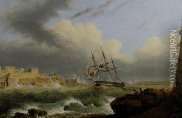A British Battleship Caught In A Swell In Valletta Harbour, Malta Oil Painting - Giovanni Jean Schranz