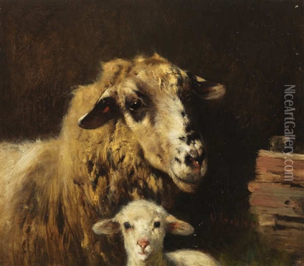 Mutterschaf Mit Lamm Im Stall Oil Painting - Otto Friedrich Gebler