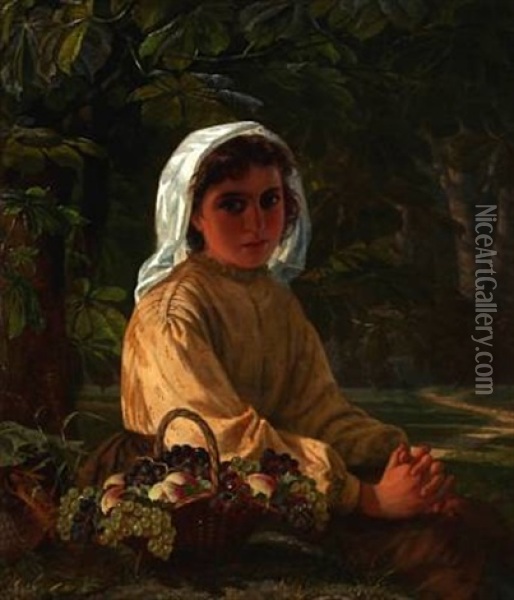 An Italian Girl With Grapes Sitting Under A Chestnut Tree Oil Painting - Just Jean Christian Holm