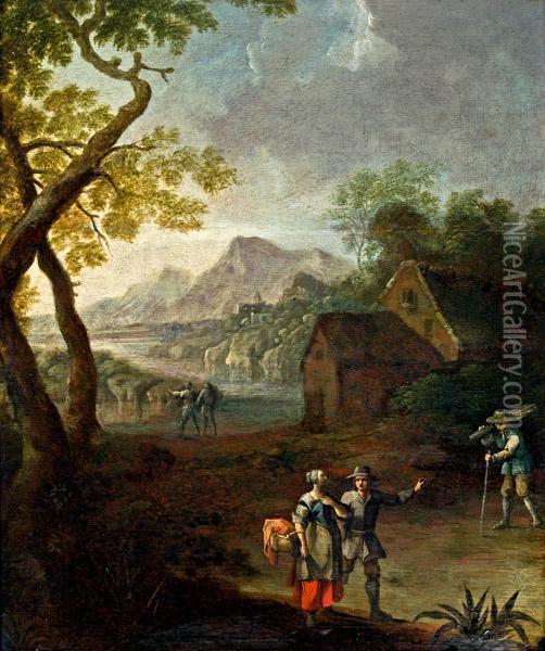 Flusslandschaft Mit Staffage Und Ausblick Auf Gebirge Oil Painting - Johann Christian Vollerdt or Vollaert