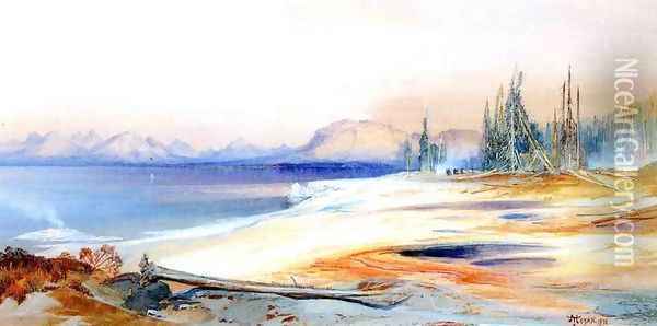 The Yellowstone Lake with Hot Springs Oil Painting - Thomas Moran