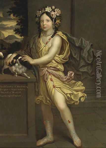 Portrait of Princess Electrice of Brandenberg, standing full-length, dressed as Flora, with a spaniel on a ledge to the side Oil Painting - Mignard, Pierre II