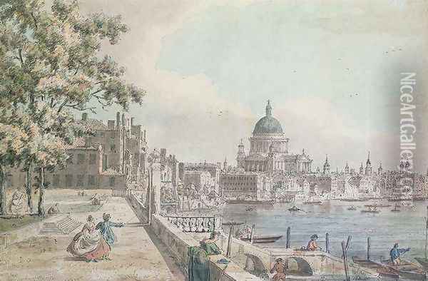 A copy of part of a drawing by Canaletto of St Pauls Cathedral from the Terrace of Somerset House Oil Painting - William James