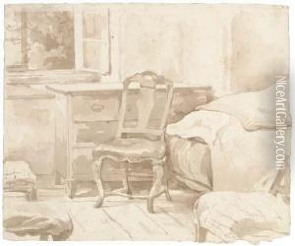 An Interior With A Chair By A Chest Of Drawers (recto); A Shepherdwith His Flock (verso) Oil Painting - August Richter