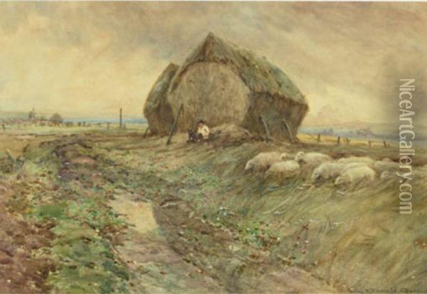 Shepherd And Flock By A Haystack Evening Oil Painting - Oswald Garside