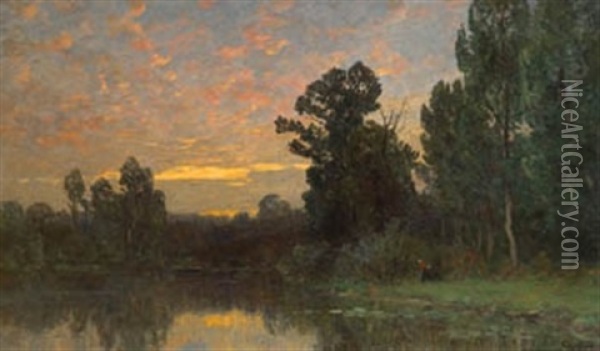 Riverside At Sunset Oil Painting - Gilbert Von Canal