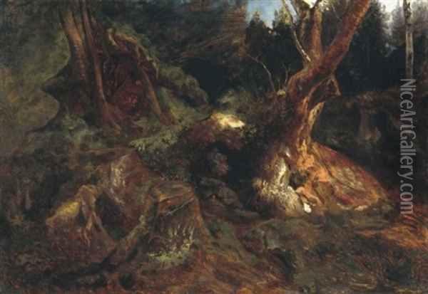 Beszurodo Fenyek Az Erdoben (lights Filtering Through The Forest Glade) Oil Painting - Sandor Brodszky