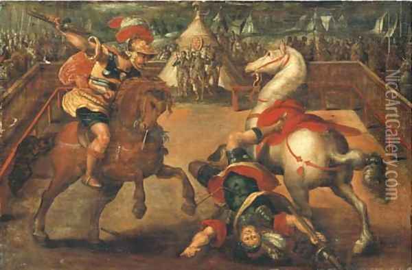 Two knights jousting, a tent with the Medici coat-of-arms beyond Oil Painting - Jan van der Straet
