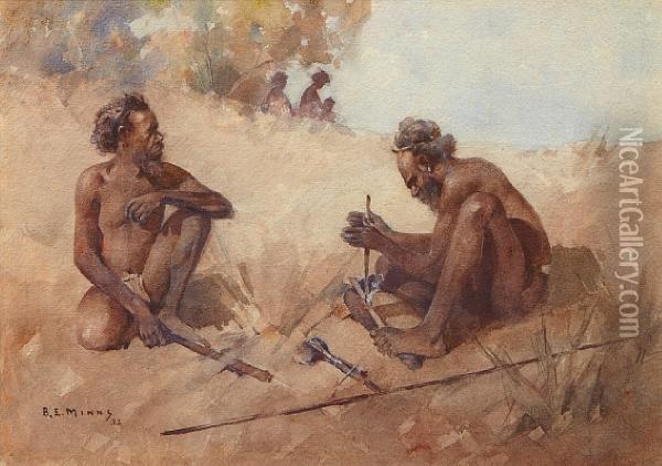 Two Aborigines Lighting A Fire Oil Painting - Benjamin Edwin Minns