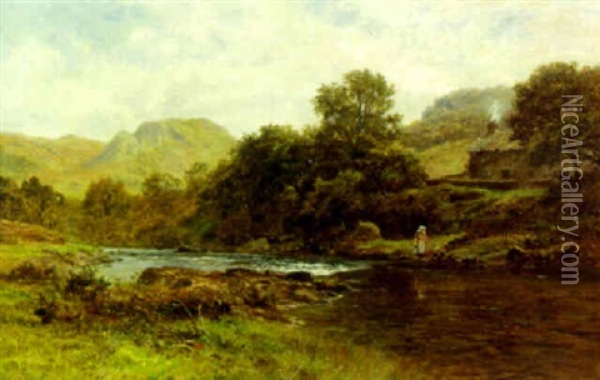 A Still Pool On The Lledr, North Wales Oil Painting - Robert Gallon