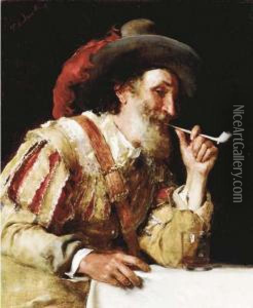 A Distinquished Cavalier Smoking A Pipe Oil Painting - Federico Andreotti