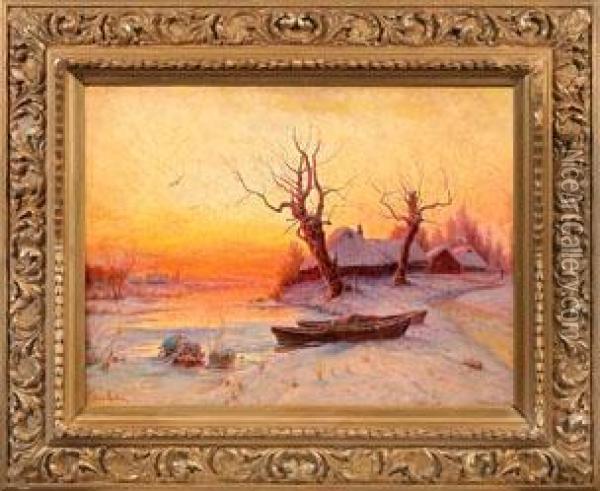 Winterliche Flusslandschaft Im Abendrot Oil Painting - Iulii Iul'evich (Julius) Klever