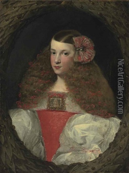 Portrait Of A Young Girl, Half-length, In A Feigned Wreath Oil Painting - Sebastian De Herrera Barnuevo