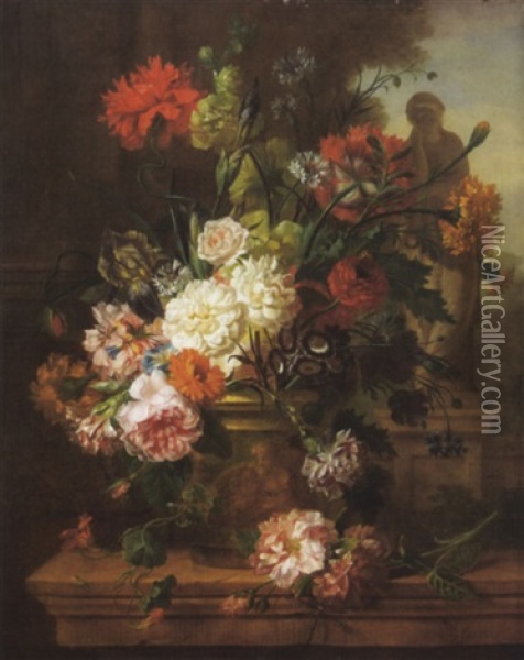 Blumenstuck In Steinvase Vor Parkausblick Oil Painting - Willem van Leen