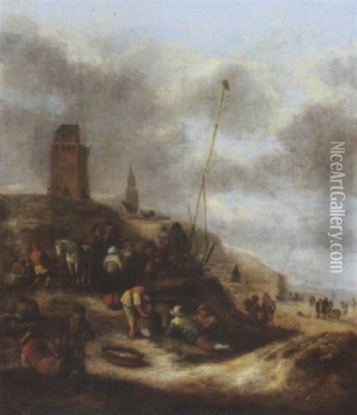 Villagers On The Beach Near Scheveningen Oil Painting - Nicolaes Molenaer
