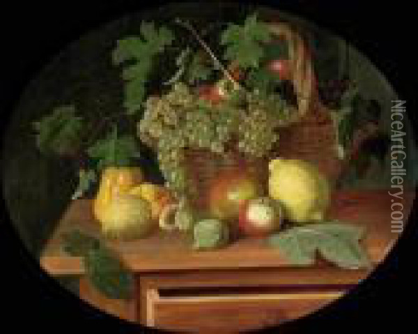 A Basket Of Apples And Grapes 
Surrounded By Peppers, Lemons, A Pomegranate And Figs On A Table Oil Painting - Michaelangelo Meucci