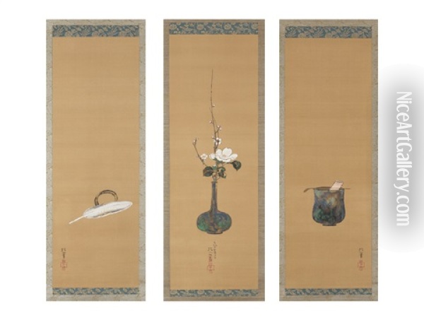 Raku/white Camellia/feather Brush (a Set Of Three Scrolls) Oil Painting - Sakai Hoitsu