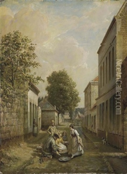 Marchande De Poissons, Rue De Rivoli A Saint-amand-les-eaux Oil Painting - Pierre Louis de Coninck