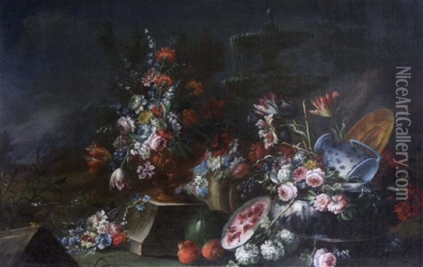Urne De Fleurs Dans Un Paysage Oil Painting - Gasparo Lopez